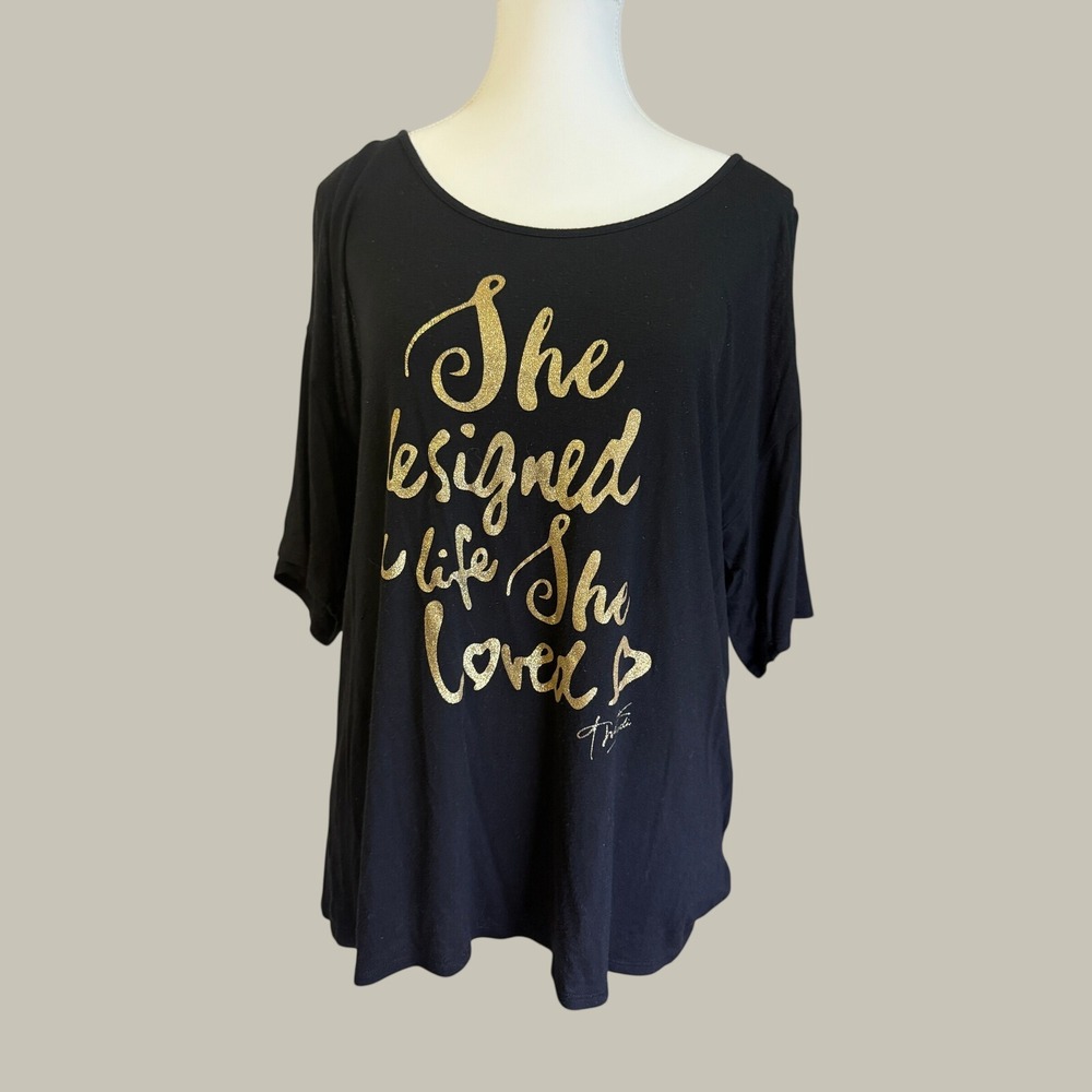 Thalia Sodi Graphic Cold Shoulder Top Women L Black Gold Glitter Motivational